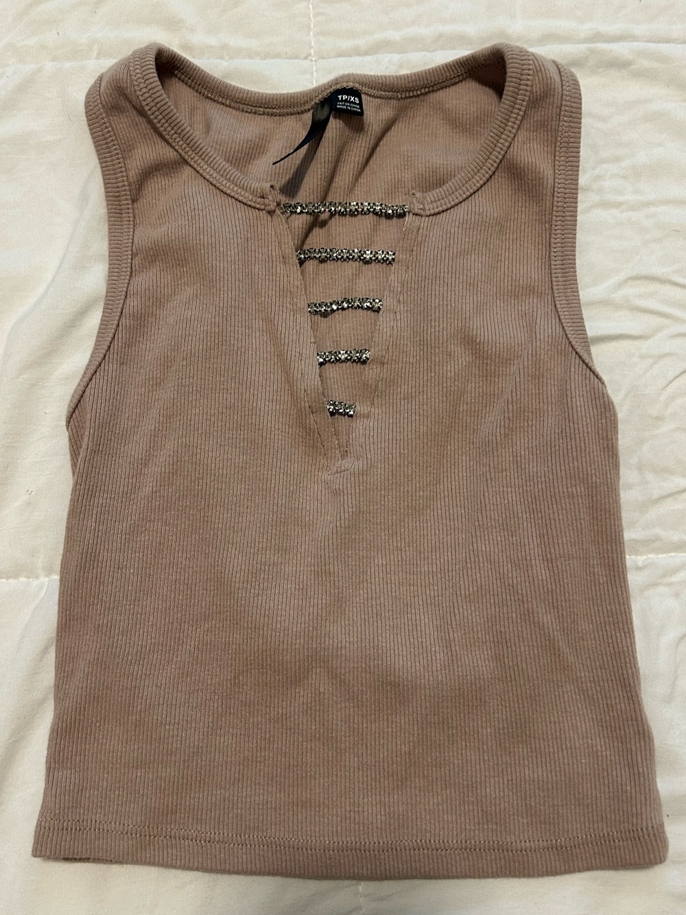 Ribbed Tank Top with Front Chain Detail - Taupe